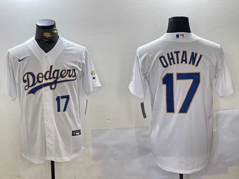 Mens Los Angeles Dodgers #17 Shohei Ohtani Number White Gold Championship Stitched Cool Base Nike Jerseys